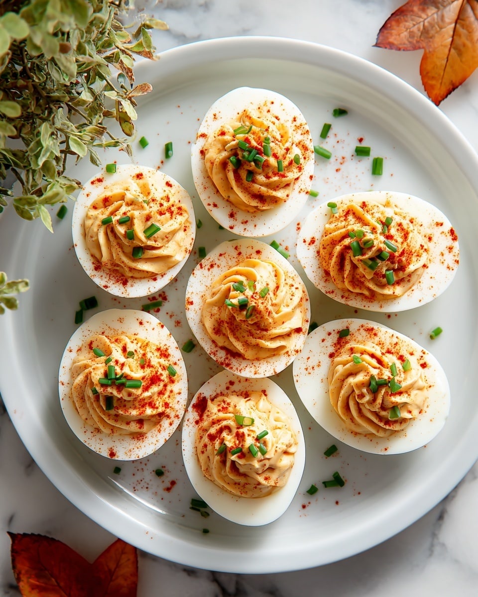 A white round plate holds seven deviled egg halves arranged in a circle. Each egg has a smooth white outer layer, and the creamy, light orange filling is piped in a swirled pattern on top. The filling is dusted with fine red paprika and sprinkled with small green chives. Tiny pieces of chive are scattered around the eggs on the plate. The plate is placed on a white marbled surface with autumn leaves and a small green plant nearby. photo taken with an iphone --ar 4:5 --v 7
