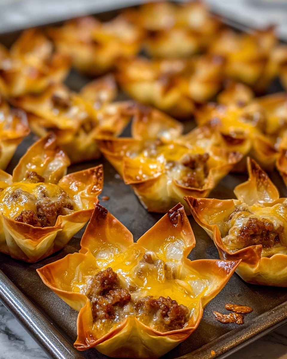 The image shows many small, star-shaped baked cups made from thin, light brown crispy wrappers. Each cup is filled with layers of melted, bright yellow cheese and chunky bits of cooked brown sausage. These cups are arranged on a dark tray, with light reflecting off the melted cheese giving a shiny look. The edges of the cups are golden brown and crisp, showing a texture that looks crunchy. The background is a white marbled texture. photo taken with an iphone --ar 4:5 --v 7