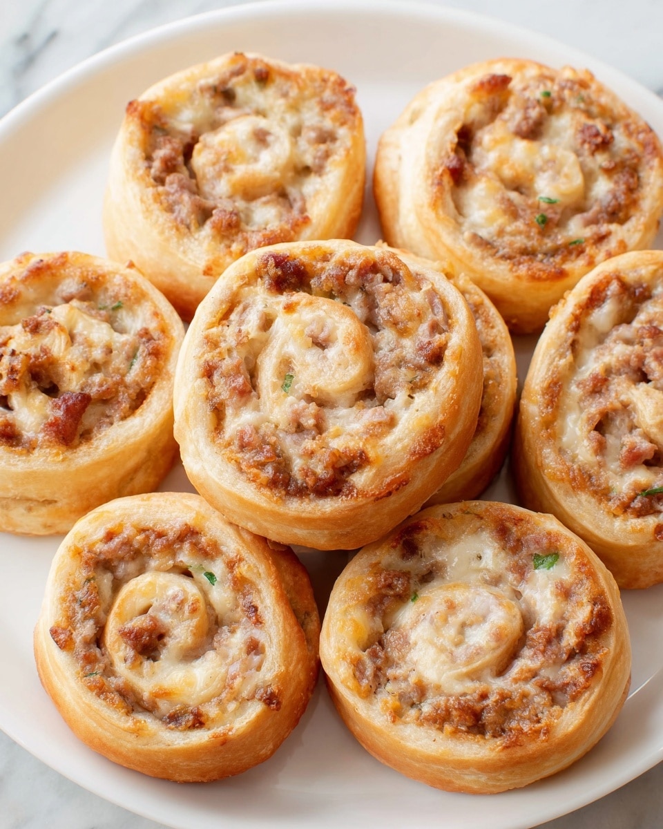 The image shows seven round baked rolls placed closely together on a white plate, sitting on a white marbled surface. Each roll has two visible layers: an outer golden-brown soft crust with a slightly shiny texture, and an inner filling layer made of a crumbly, light brown sausage mixture with small green bits, swirled with a creamy white ingredient that creates a spiral pattern inside the roll. The rolls are thick and appear soft and moist inside. Photo taken with an iphone --ar 4:5 --v 7