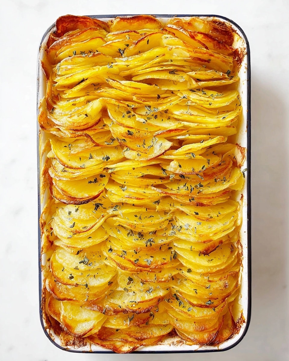 The image shows a rectangular white baking dish filled with thinly sliced potato layers standing upright and tightly packed together. The potato slices are golden yellow with some crispy, browned edges, giving a textured look. The top is sprinkled with small green herb flakes, adding a touch of color contrast. The layers appear soft and slightly overlapping with a neat, wavy pattern across the whole dish. The background is a clean white marbled surface. Photo taken with an iphone --ar 4:5 --v 7