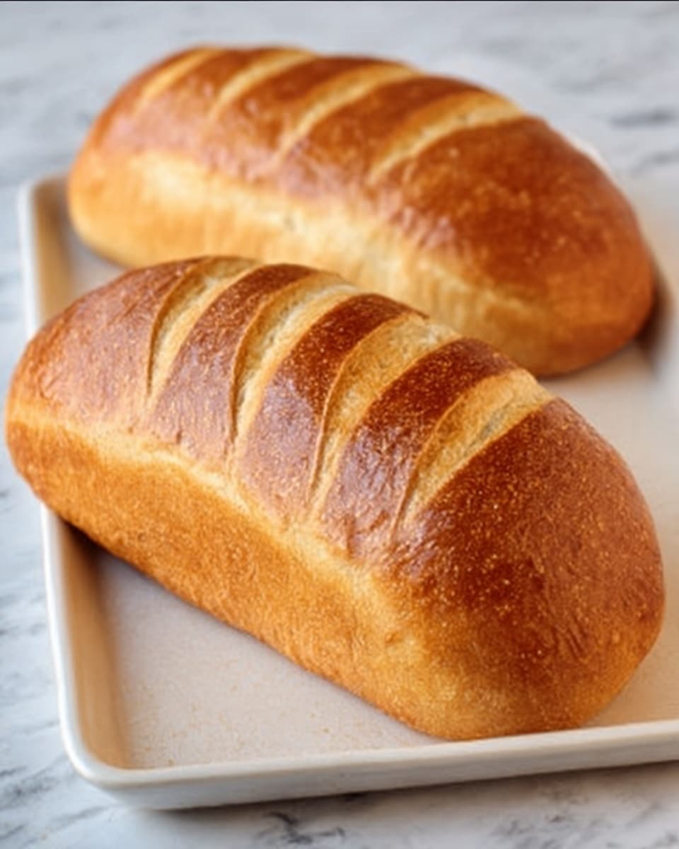 The image shows two golden-brown bread loaves with shiny, slightly cracked crusts on a white rectangular tray. Each loaf has four diagonal slashes on top, revealing a lighter bread texture underneath. The tray is placed on a white marbled surface that adds a soft, elegant background. The bread looks freshly baked with a smooth and glossy finish, highlighting its crisp crust and soft inside. photo taken with an iphone --ar 4:5 --v 7