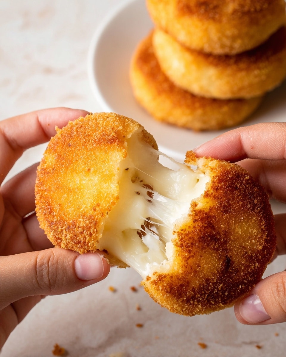The image shows several small, round, golden-brown cakes cooking on a black pan. Each cake has a slightly crispy and uneven top layer, with some showing soft, melted filling oozing out from between the two layers of the cake. The cakes are lightly browned on the edges and the surface looks smooth with a slight shine from the cooking oil. The background is a white marbled texture. The scene looks warm and inviting, highlighting the texture and color contrast of the cakes. Photo taken with an iphone --ar 4:5 --v 7
