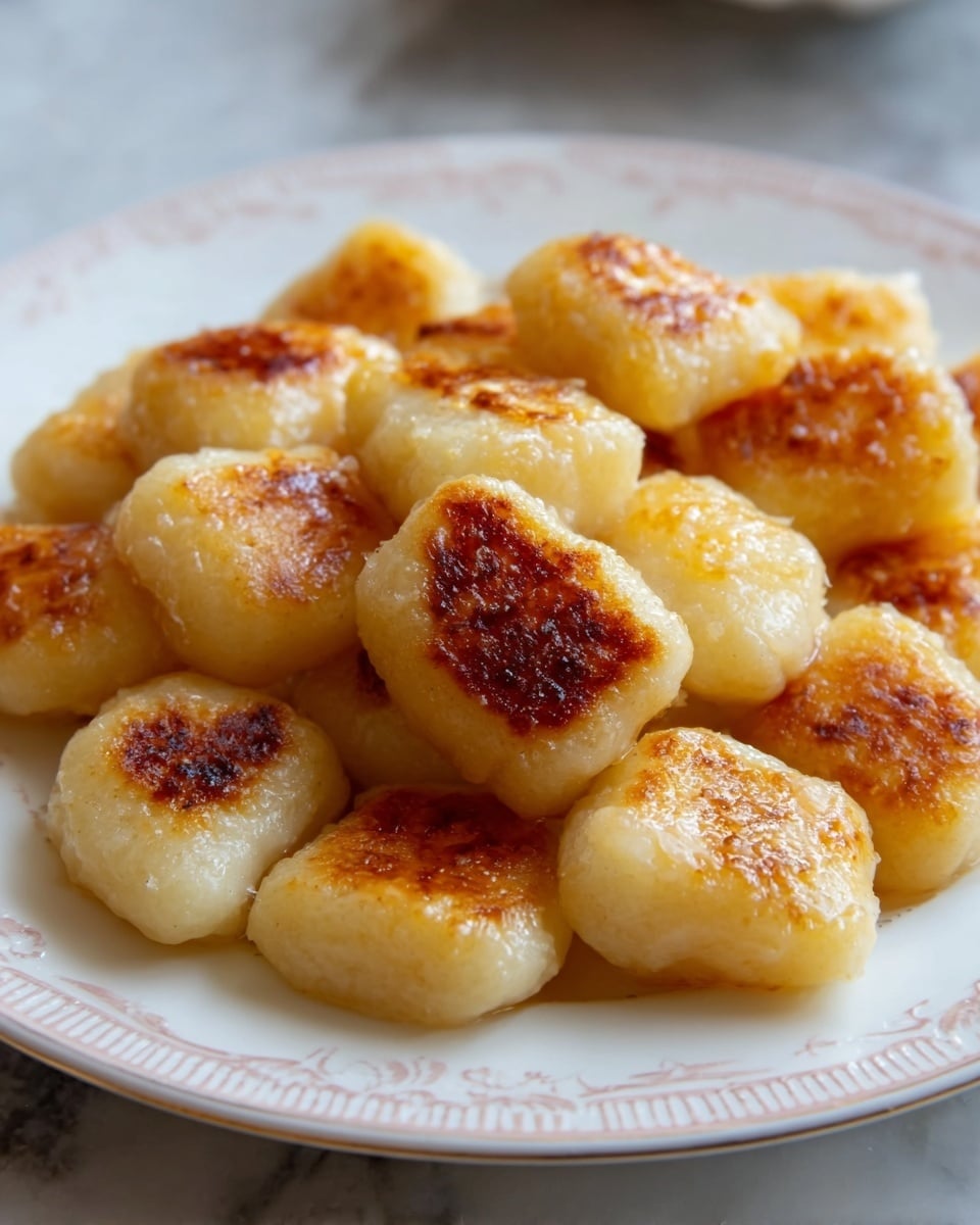 The image shows a white ceramic plate filled with golden brown gnocchi pieces. Each gnocchi is square shaped with a light crispy texture on top and soft, fluffy white inside. The gnocchi are stacked loosely, showing slight browning on the raised edges. The plate sits on a white marbled surface, and the overall look is warm and inviting. photo taken with an iphone --ar 4:5 --v 7