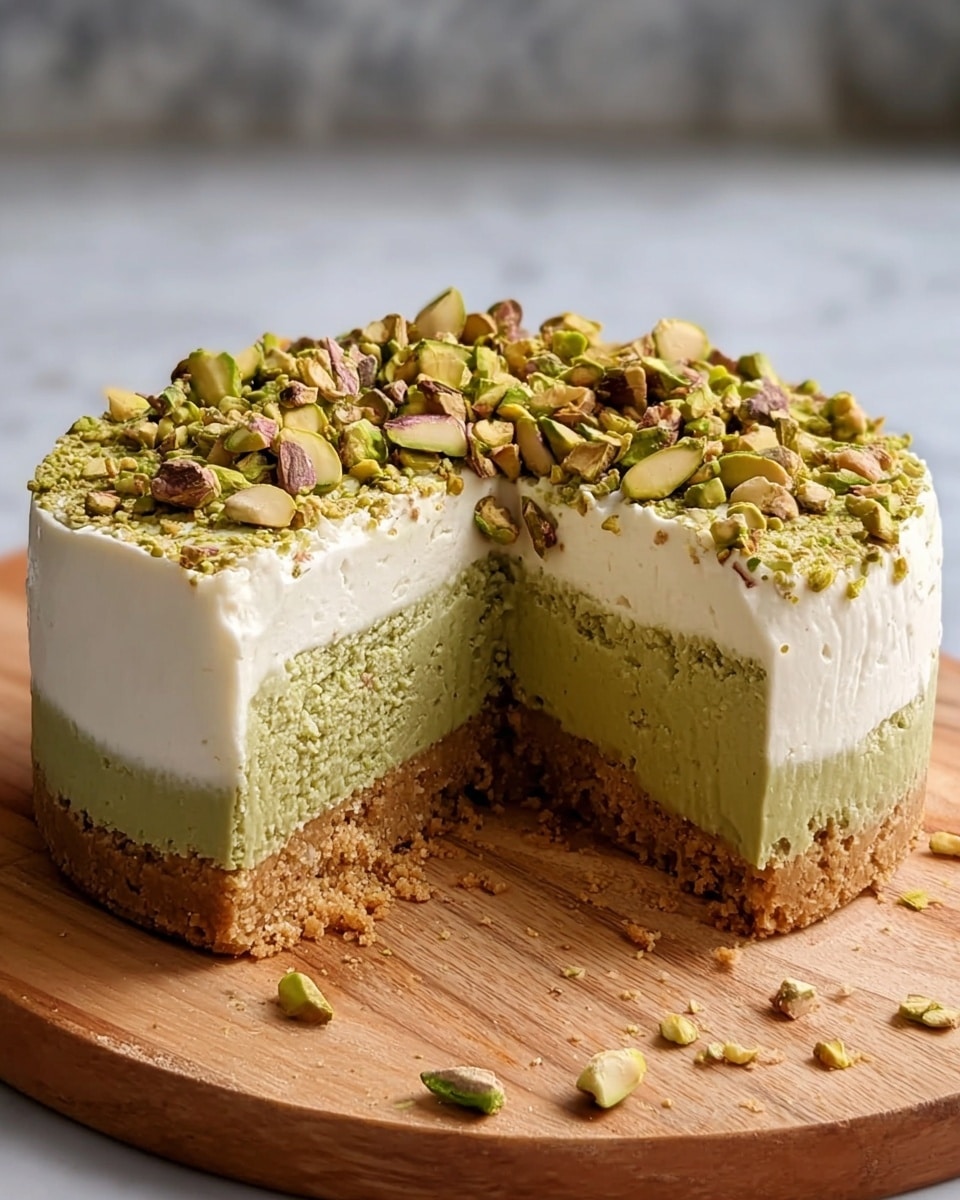 The image shows a round cake with three visible layers on a wooden board. The bottom layer is a thick, crumbly, light brown crust. The middle layer is dense and green, slightly smooth with some texture. The top layer is white and creamy. The cake is topped with chopped pistachios scattered across the surface. One slice is cut out, revealing the three layers clearly. The background has a white marbled texture. Photo taken with an iphone --ar 4:5 --v 7