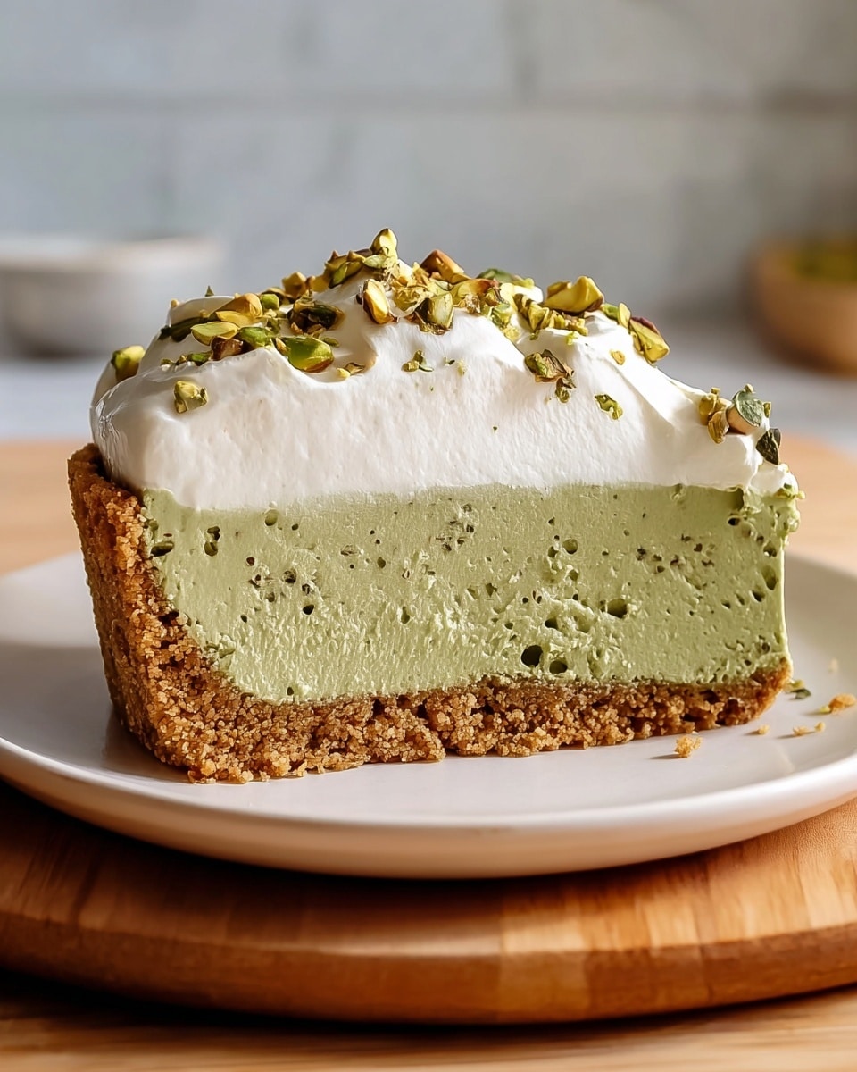 A slice of pie with three clear layers sits on a white plate over a wooden board on a white marbled surface. The bottom layer is a thick, brown crumbly crust that holds the pie together. Above it is a dense, smooth green filling with tiny dark specks, filling most of the slice’s height. The top layer is thick white whipped cream, unevenly spread with chunks of green pistachios sprinkled on top, adding texture and color contrast. The lighting highlights the pie’s creamy and crunchy textures, and the background is soft and out of focus. photo taken with an iphone --ar 4:5 --v 7