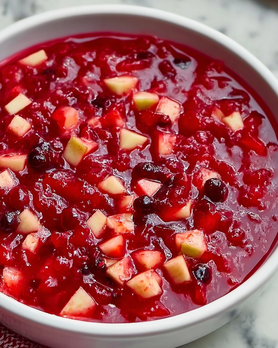 A close-up view of a white bowl filled with bright red cranberry sauce that has a glossy, slightly chunky texture. Inside the sauce are small, pale beige apple pieces cut into cubes scattered throughout, along with dark, shiny whole cranberries mixed in. The sauce is thick and wet, with a smooth, jelly-like consistency holding the fruit pieces together. The bowl rests on a white marbled surface. photo taken with an iphone --ar 4:5 --v 7