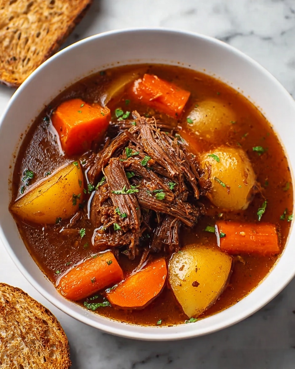 A white bowl filled with a rich brown broth containing a central pile of shredded dark brown beef. Surrounding the beef are large chunks of bright orange carrots and light yellow potatoes, floating evenly in the broth. Small green herb pieces are sprinkled on top of the beef and vegetables, adding a touch of freshness. The bowl is placed on a white marbled surface, and a textured toasted slice of bread is partially visible at the top left edge. Photo taken with an iphone --ar 4:5 --v 7