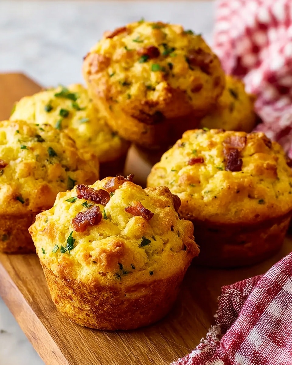 A close-up of five golden brown savory muffins with a rough, bumpy textured top showing small pieces of green herbs and bits of crispy bacon, arranged on a wooden cutting board. The muffins have a light yellow inside with a slightly darker crust, giving a warm, freshly baked look. Behind the muffins, there is a red and white checkered cloth that adds a cozy, rustic feel. The scene is set on a white marbled texture surface photo taken with an iphone --ar 4:5 --v 7