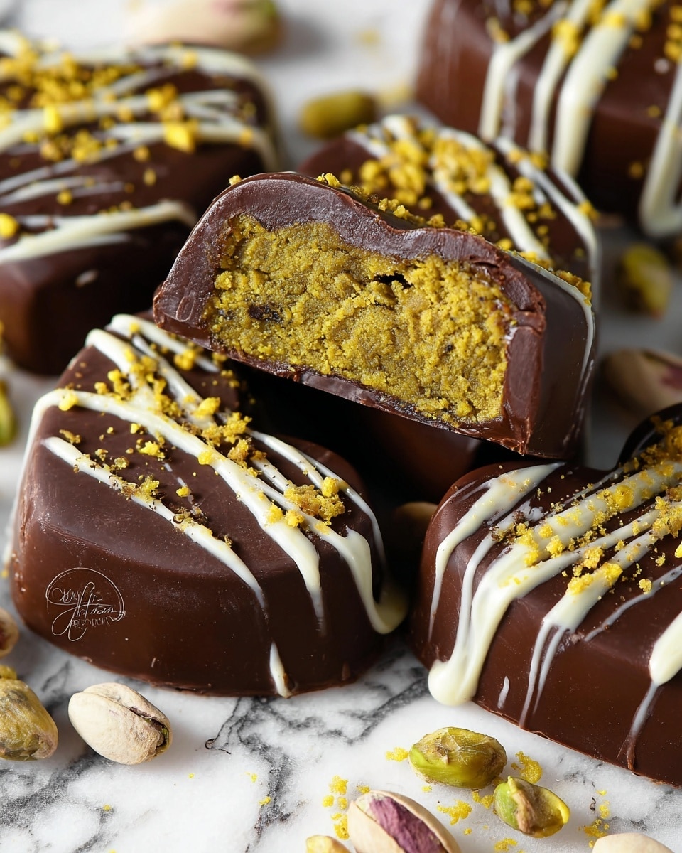 The image shows several heart-shaped chocolates with a thick dark brown chocolate outer layer and white chocolate drizzles on top. One chocolate is cut in half, revealing a dense, textured yellow-green filling inside. The chocolates are placed on a white marbled surface with pistachio shells scattered around. The drizzle and some small yellow crumbs add texture and detail on top of the chocolate shell. photo taken with an iphone --ar 4:5 --v 7