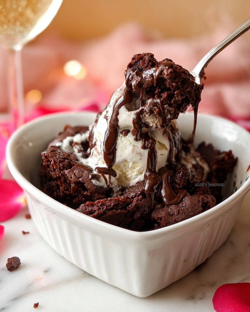 A white heart-shaped bowl filled with rich, dark brown chocolate cake layers topped with white creamy ice cream and drizzled with glossy chocolate sauce. The cake appears moist and crumbly with a soft texture, and there is a spoon lifting a mix of the chocolate cake and cream from the bowl. The background shows a soft blurred setting with warm light, and there are some pink rose petals scattered around the bowl on a white marbled surface. photo taken with an iphone --ar 4:5 --v 7