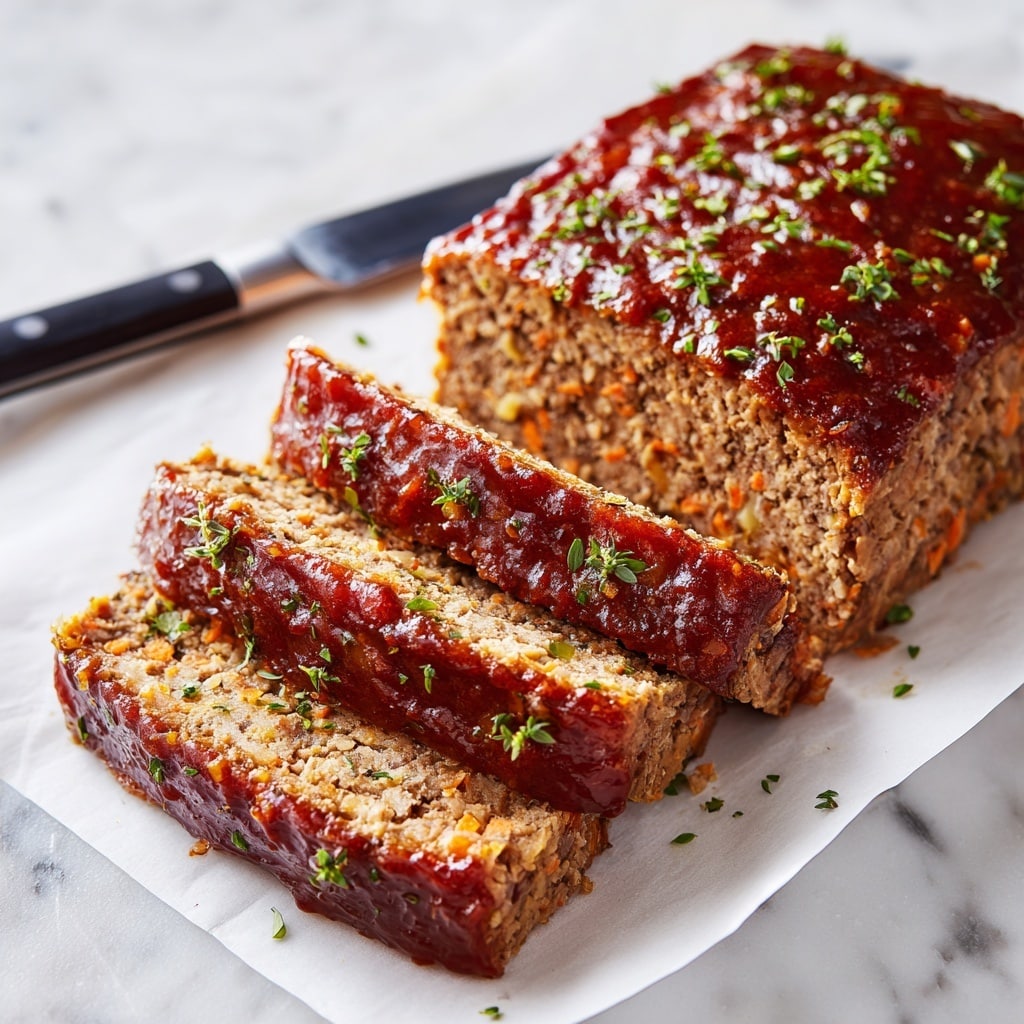 A rectangular loaf of food with a rough texture sits on a sheet of white parchment paper over a white marbled surface. The loaf has a brown base with uneven patches of red sauce spread across the top, creating a slightly cracked appearance. A sprig of fresh green rosemary rests in the center on top of the loaf. Around the loaf, there are some green herb sprigs scattered on the white marbled surface, along with a small white bowl filled with bright red sauce and another small white bowl containing chopped green herbs. A light beige cloth is draped in the upper left corner of the image. Photo taken with an iphone --ar 4:5 --v 7