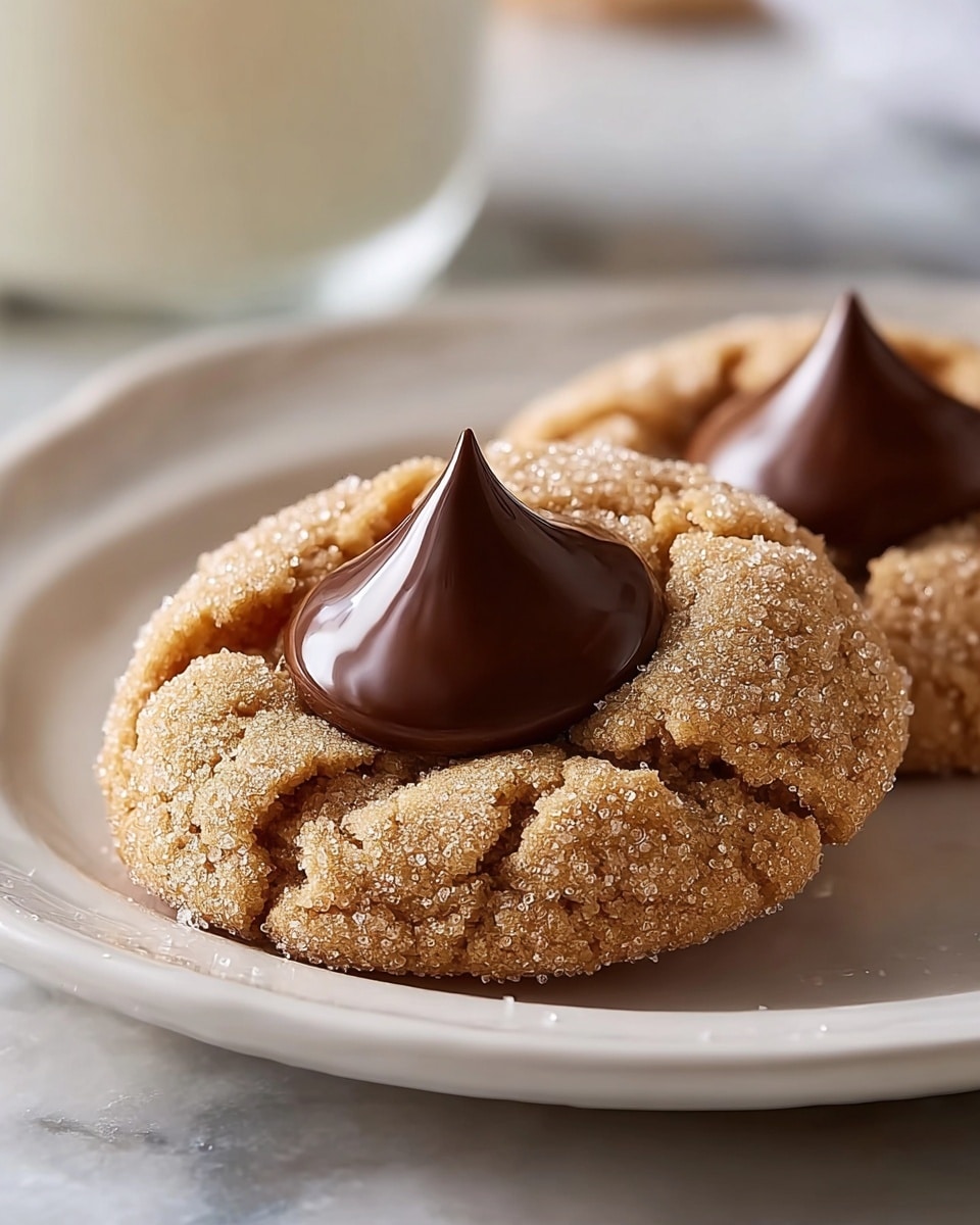 Two soft, round cookies sit on a white plate with a white marbled texture under it. Each cookie has a cracked light brown surface covered in sparkling sugar crystals, making it look crunchy on the outside. The center of each cookie has a thick, shiny dark chocolate dollop shaped like a peak. The close view shows the rough texture of the cookies and the smooth, glossy chocolate on top. In the background, part of a glass of white milk is visible, adding a soft contrast to the warm colors of the cookies. photo taken with an iphone --ar 4:5 --v 7