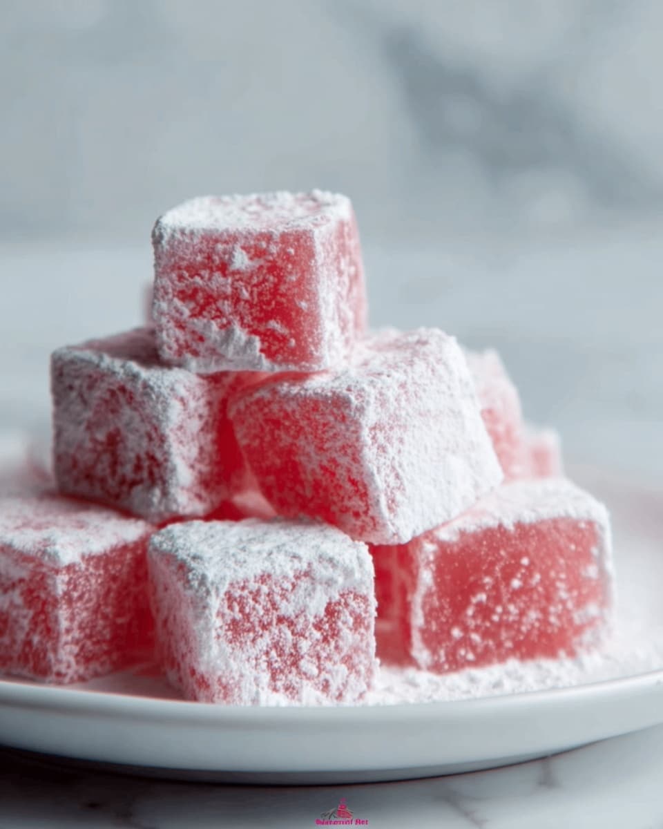 A close-up image of several pink Turkish delight cubes stacked on a white plate, each cube coated with a fine layer of white powdered sugar giving a soft, powdery texture. The cubes show a smooth, slightly translucent pink interior with a hint of chewiness. The plate sits on a white marbled surface, and the overall lighting is soft, highlighting the delicate texture of the sweets. photo taken with an iphone --ar 4:5 --v 7