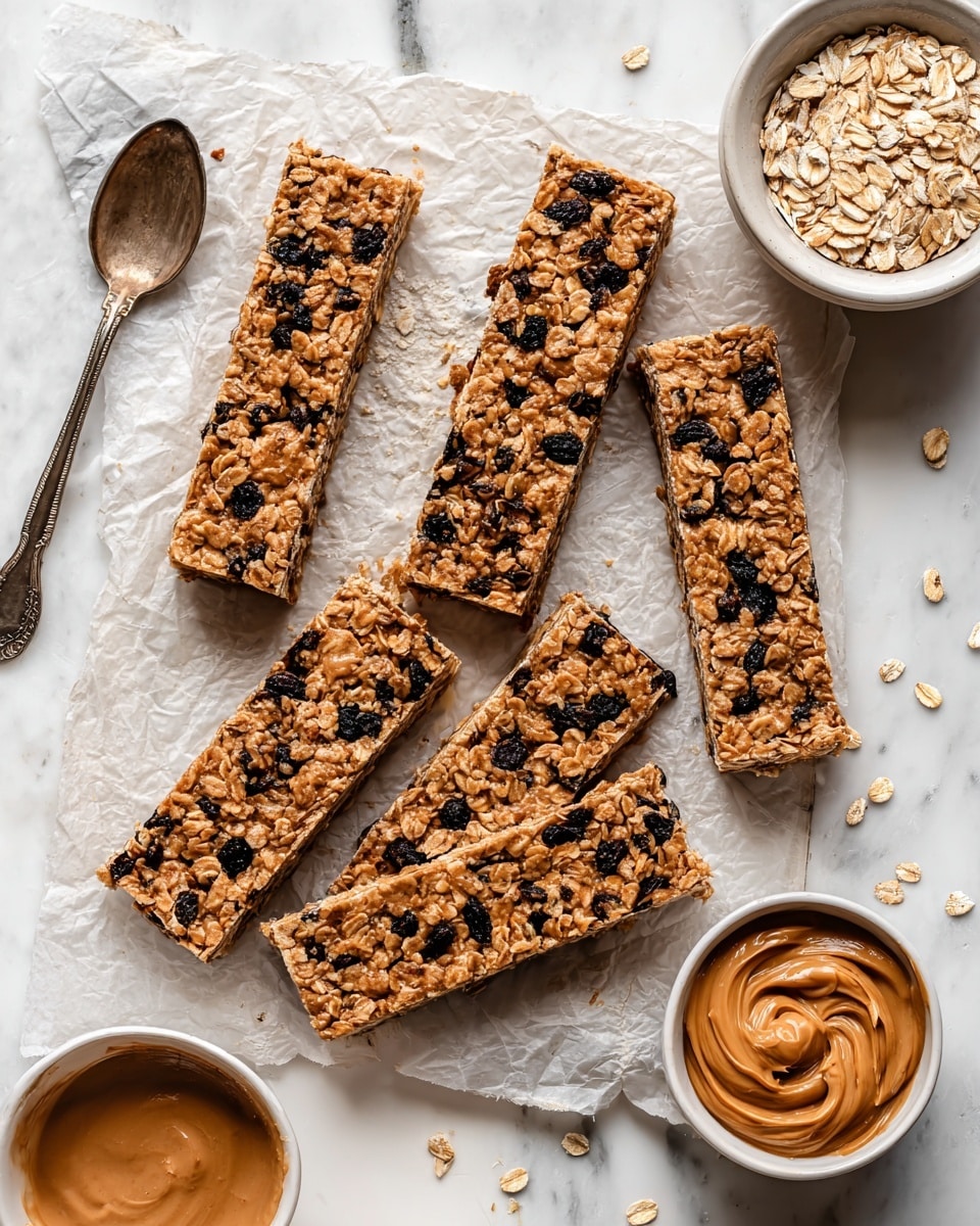 The image shows six rectangular granola bars laid out on crinkled parchment paper on a white marbled surface. Each bar is packed with visible oats and dark raisin pieces, creating a textured, golden-brown appearance with scattered black spots. To the right, there is a small white bowl filled with rolled oats, and a swirl of caramel-colored peanut butter sits near the bottom right corner. Another white bowl with a spoon holding a creamy light brown substance is placed at the bottom left. A vintage silver spoon lies to the left side of the bars. photo taken with an iphone --ar 4:5 --v 7