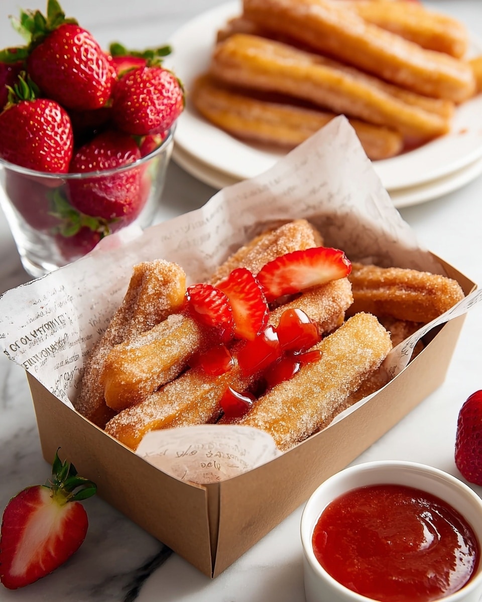 The image shows a cardboard box lined with printed paper filled with about eight golden-brown churros covered in sugar. On top of the churros, there are three bright red strawberry slices and some drops of red sauce. In the background, a white plate holds several more churros, and a clear glass bowl contains fresh whole strawberries with green leaves. In the foreground, there is a small white bowl filled with a thick red dipping sauce. All items are placed on a white marbled surface photo taken with an iphone --ar 4:5 --v 7