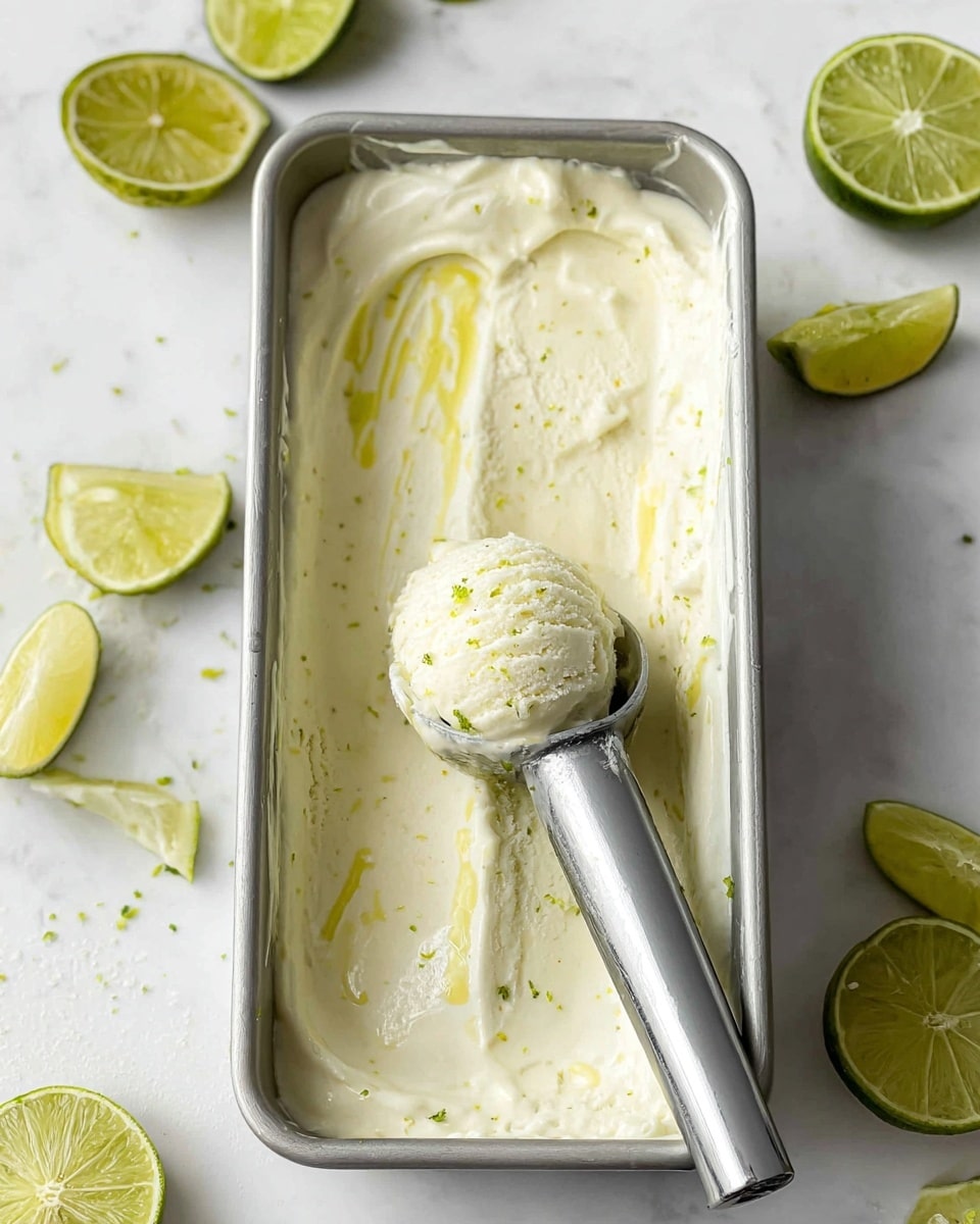 A metal rectangular container filled with creamy white ice cream that has visible small flecks of lime zest throughout, with a smooth swirl of light yellow sauce drizzled on top, a single scoop of the ice cream is held in a silver ice cream scooper resting inside the container, surrounded by fresh lime halves and wedges scattered on a white marbled surface. photo taken with an iphone --ar 4:5 --v 7