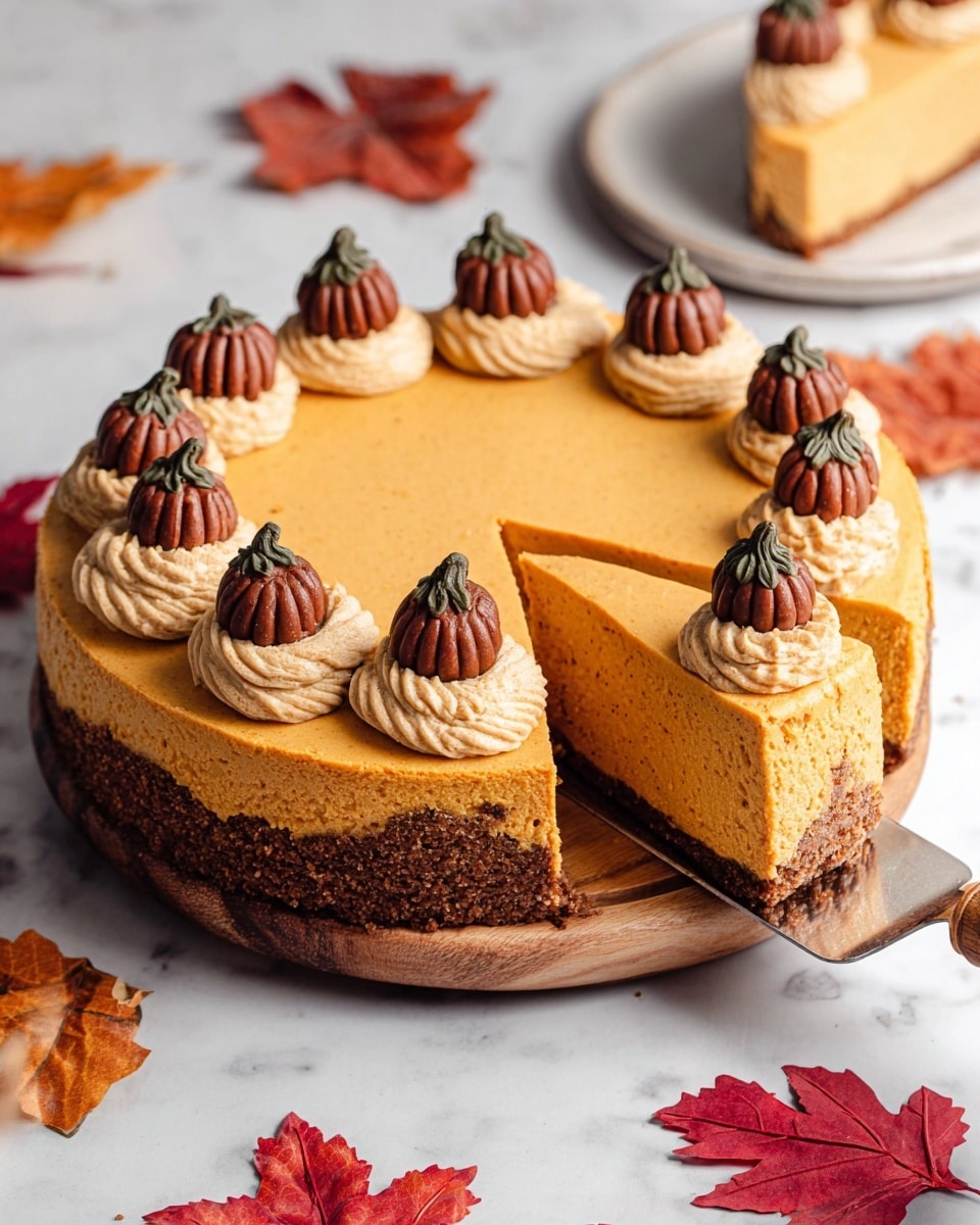 A round pumpkin cheesecake sits on a white marbled surface, with a thick, crumbly brown crust as the bottom layer and a smooth, dense orange pumpkin cheesecake layer above it. The top is smooth and light orange, decorated with dollops of tan cream frosting arranged evenly on the edge. Each frosting dollop is topped with a small dark brown pumpkin-shaped decoration, made to look like little pumpkins with a small pecan stem. One slice is being lifted by a spatula, showing the creamy inside texture and the same pumpkin decoration on top of the frosting. Around the cake are a few scattered autumn leaves in red, orange, and brown shades, adding a fall feel. Photo taken with an iphone --ar 4:5 --v 7