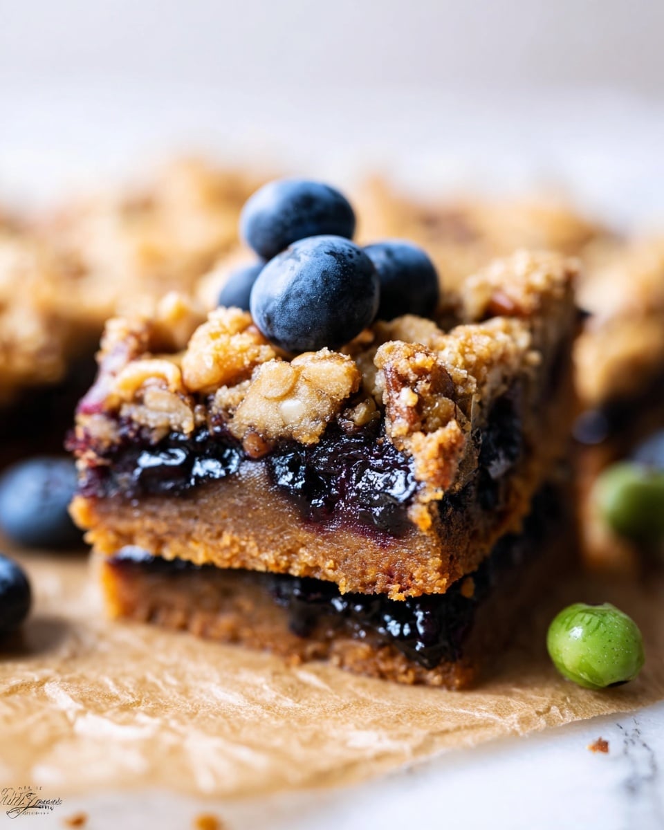The image shows a close-up of a two-layer square dessert bar. The bottom layer is dark, almost black, with a shiny and sticky texture, likely a fruit jam or filling. The top layer is a golden brown, crumbly crust with visible chunks, possibly a streusel topping with nuts. On top of the bar, there are a few fresh blueberries, blue-black with a smooth and slightly shiny skin. Near the bottom right corner, some small green berries or unripe fruit add color contrast. The dessert bars rest on light brown parchment paper over a white marbled surface, with soft lighting creating a warm and inviting look. photo taken with an iphone --ar 4:5 --v 7