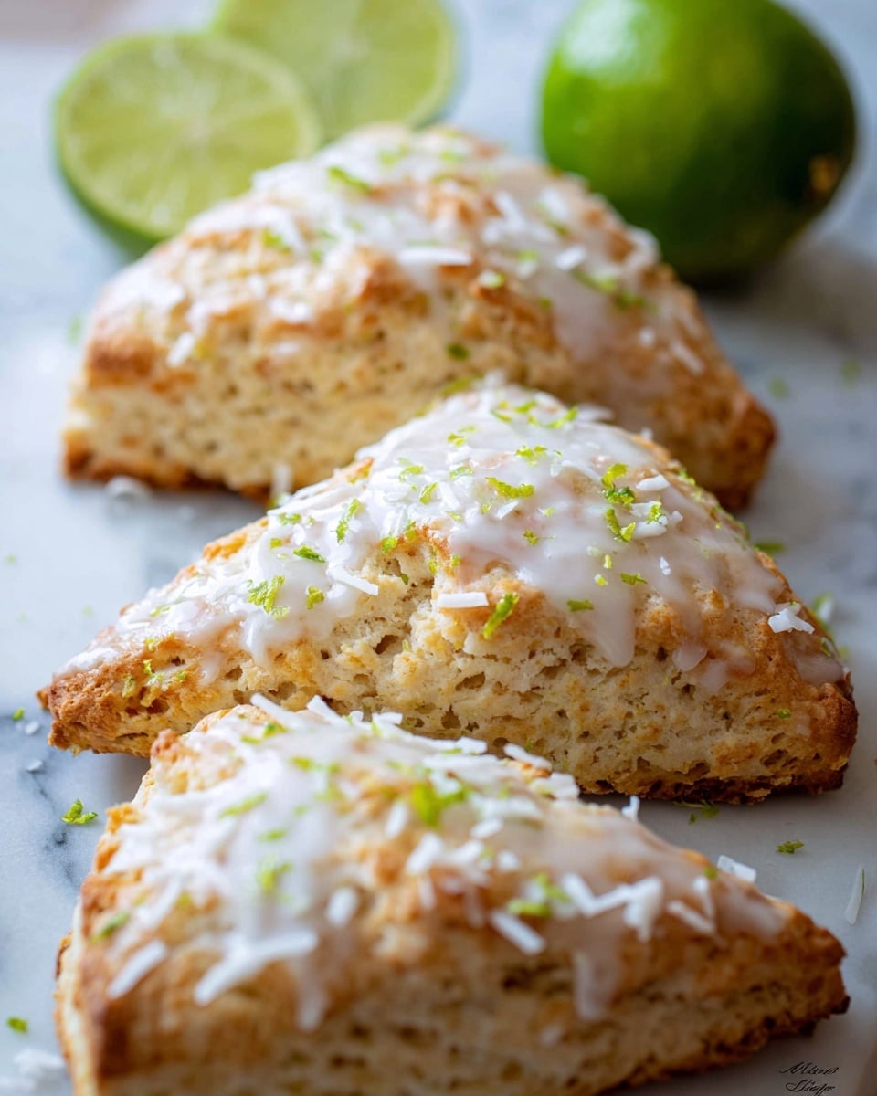 A close-up of two triangular scones with a golden-brown crust sits on a white plate with a decorative edge, placed on a white marbled surface. Each scone has one main layer that is flaky and light beige, topped with a thin, shiny layer of white glaze. The glaze is sprinkled with shredded white coconut flakes and small bits of green zest, adding texture and color contrast to the scones. The edges of the scones are rough and crumbly, showing their baked, slightly crispy texture. Photo taken with an iphone --ar 4:5 --v 7