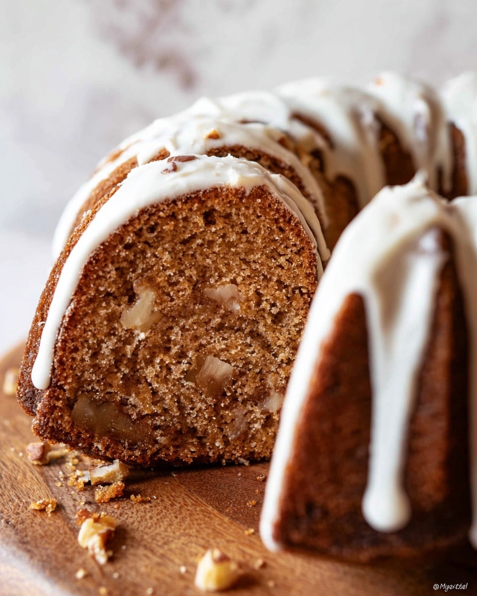 The image shows a sliced bundt cake with a moist, brown interior that has small bits of nuts visible throughout. The cake is topped with a white, smooth icing that is drizzled unevenly over the top and sides, creating thin streams that contrast with the cake's warm brown color. The slices are arranged closely on a wooden surface, with a few crumbs and bits of icing near the base. The background is a soft white marbled texture that keeps the focus on the rich texture and detail of the cake. photo taken with an iphone --ar 4:5 --v 7
