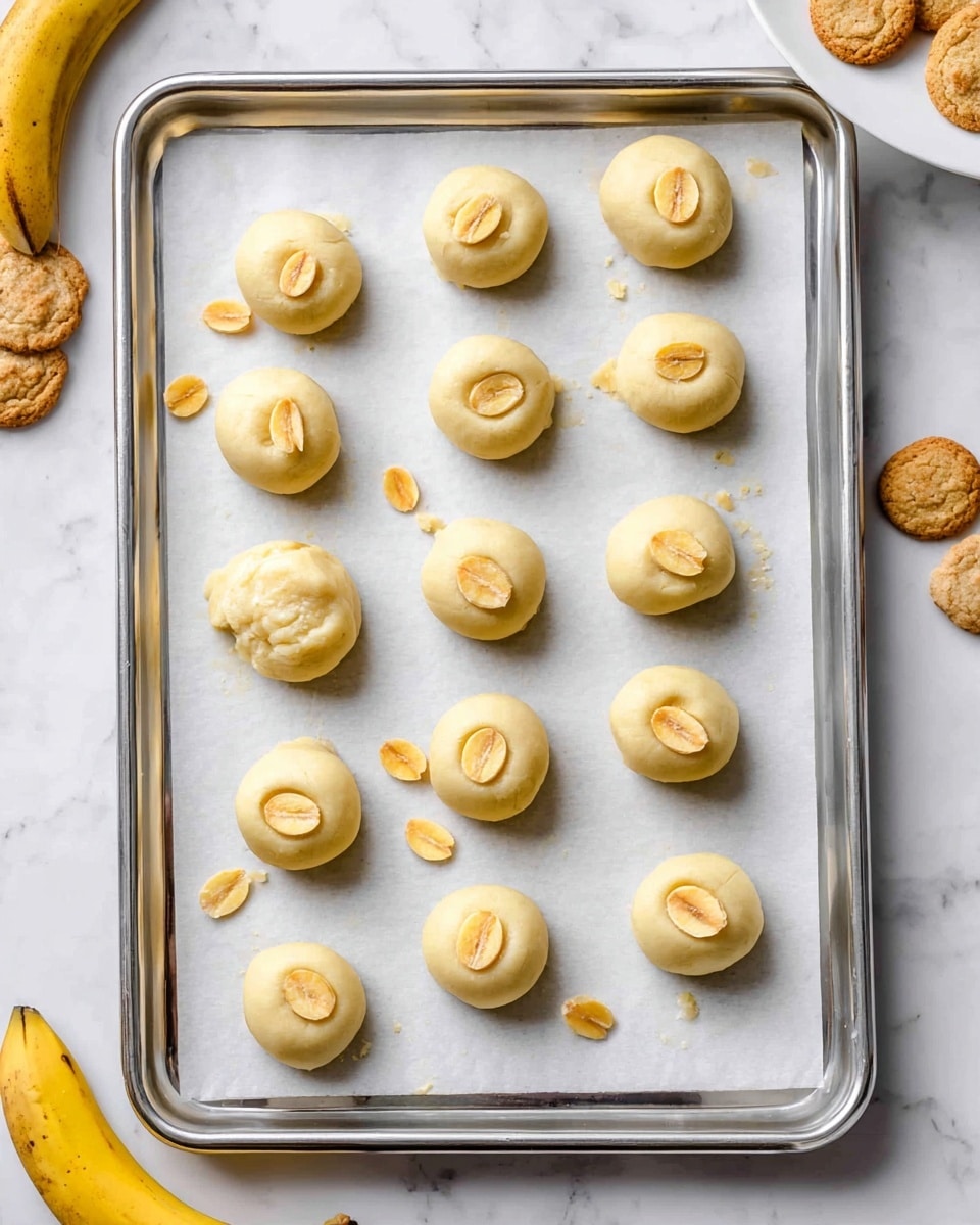 A silver baking tray lined with white parchment paper holds fifteen round, pale yellow dough balls evenly spaced in a grid pattern. Each dough ball has a single, small, light golden banana chip pressed gently on top. A few scattered banana chips are also placed on the parchment paper between the dough balls. The tray sits on a white marbled texture surface, with a small part of a peeled banana visible on the left edge and a white plate holding light brown cookies on the top right corner. photo taken with an iphone --ar 4:5 --v 7