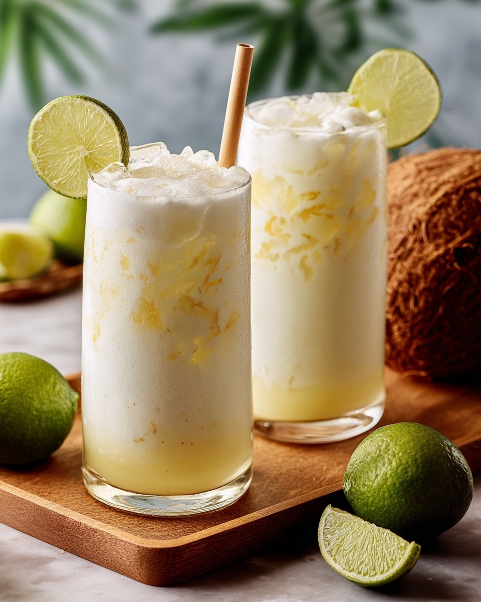 Two tall clear glasses are filled with a creamy white drink that has three distinct layers: the bottom layer is a pale yellow liquid with ice cubes, the middle layer is a slightly thicker, light yellow mixture with small bits floating inside, and the top layer is a frothy white foam. Each glass is garnished with a thin round slice of lime on the rim, and one glass has a light brown straw. The glasses sit on a wooden tray placed on a white marbled surface. Around them are a whole brown coconut, a whole green lime, and two lime halves. The background is blurred with some green leaves visible. Photo taken with an iphone --ar 4:5 --v 7