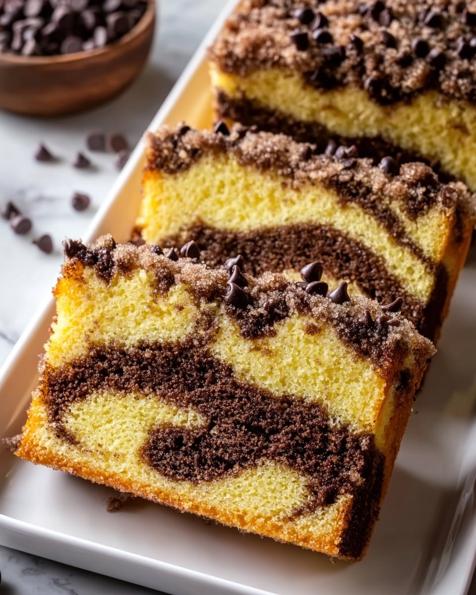 This image shows two thick slices of coffee cake with a yellow sponge base swirled with a dark chocolate layer in the middle and topped with a crumbly, sugar-coated streusel that has small chocolate chips sprinkled across it. The cake slices are placed neatly on a long, white rectangular dish which sits on a white marbled surface, with a blurred bowl of chocolate chips in the background. The texture of the cake looks moist and soft, while the topping has a crunchy, slightly grainy texture. Photo taken with an iphone --ar 4:5 --v 7