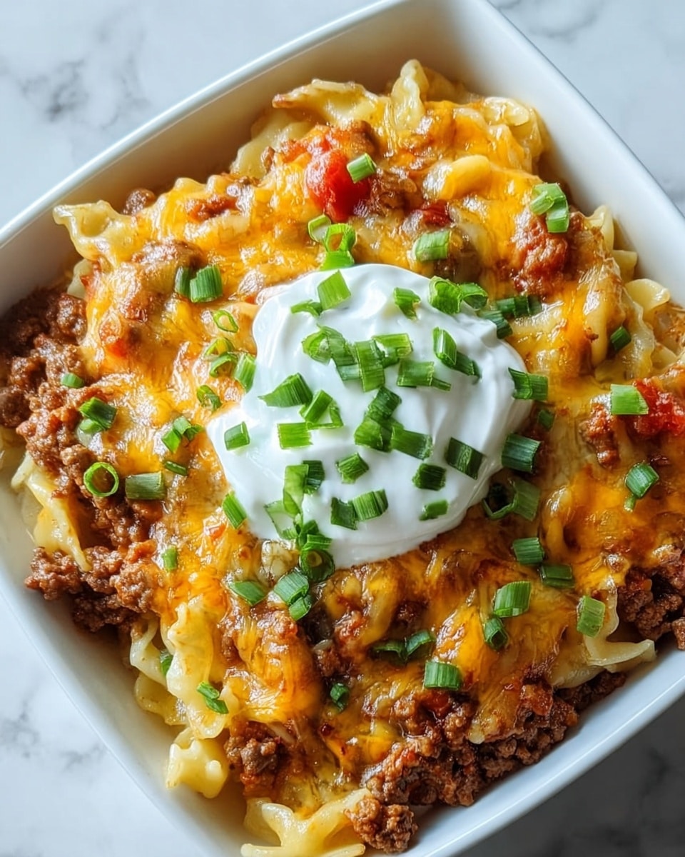 A white square dish filled with three main layers: the bottom layer is cooked pasta with a slightly pale yellow color and soft texture, the middle layer is cooked ground beef mixed with small bits of red tomato sauce, and the top layer is melted golden yellow cheddar cheese evenly spread with some darker melted spots; on top of the cheese is a dollop of white sour cream in the center, sprinkled with chopped bright green onions. The dish rests on a white marbled surface. photo taken with an iphone --ar 4:5 --v 7