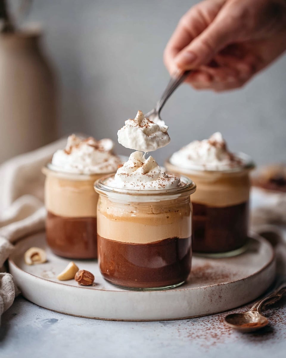 Three small glass jars sit on a round white plate placed on a white marbled surface. Each jar has two clear layers: the bottom layer is thick, dark brown, and chocolatey, while the top layer is creamy, light tan, and smooth. On top of each jar is a dollop of white whipped cream sprinkled lightly with a touch of brown powder. A woman's hand is holding a spoon scooping some whipped cream from one jar. There are some small pieces of nuts scattered on the plate next to the jars, and a spoon with a bit of chocolate powder rests on the plate, adding texture and detail. The background is softly blurred with neutral tones. photo taken with an iphone --ar 4:5 --v 7