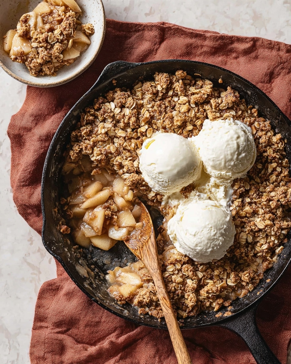 A black cast iron skillet filled with a golden brown apple crisp, showing a thick crunchy oat topping with visible clusters and pieces of toasted nuts, underneath which soft cooked apple slices in a light syrupy sauce peek through. Two creamy white scoops of ice cream sit on top of the crisp, just beginning to melt and blend with the warm dessert. A wooden spoon rests inside the skillet, lifting a portion that reveals tender, slightly translucent apple slices mixed with the crumble. In the upper left corner, a white bowl with a small serving of the apple crisp is partially visible. The whole scene is set on a white marbled texture surface with a muted rust-colored cloth underneath. Photo taken with an iphone --ar 4:5 --v 7