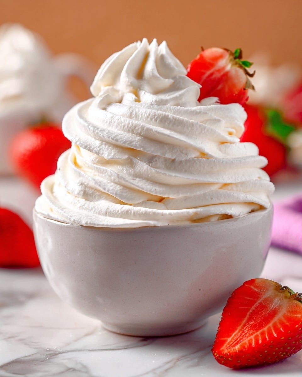 A white bowl is filled with a large swirl of smooth white whipped cream, layered in thick, soft waves that rise above the rim. On top of the whipped cream sits a fresh red strawberry slice with a green tip, positioned slightly off-center. In front of the bowl on a white marbled surface lies another bright red strawberry slice. The background is softly blurred with hints of more strawberries and warm tones. photo taken with an iphone --ar 4:5 --v 7
