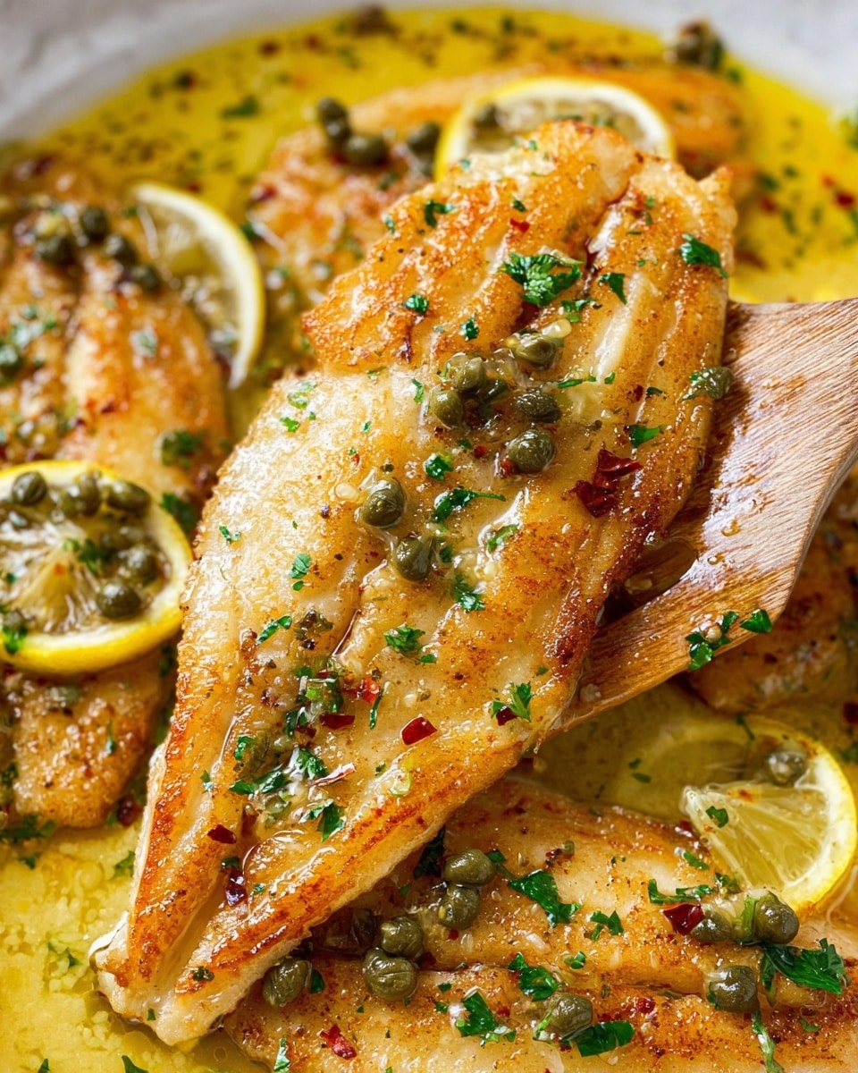 The image shows three pieces of golden brown cooked fish fillets arranged close together in a white pan, covered with a bright yellow lemon butter sauce. The sauce is rich with whole green capers and finely chopped herbs like parsley and thyme. There are small bits of minced garlic scattered over the fish, giving texture, and a wedge of lemon sits at the edge of the pan. A silver spoon holding some of the lemon butter sauce with capers is resting on the right side of the pan. The fish has a slightly crispy texture on the edges with a soft white inside, all sitting on a white marbled surface. photo taken with an iphone --ar 4:5 --v 7