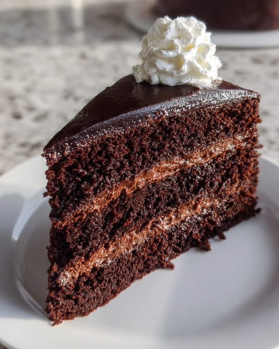 A single slice of chocolate cake with three visible layers sits on a white plate against a white marbled background. The bottom and middle layers consist of dark brown, soft, and moist chocolate sponge cake. Between the sponge layers is a smooth, slightly lighter brown chocolate filling. The top layer is covered with a glossy dark chocolate ganache. On top of the cake slice, toward the back edge, there is a dollop of fluffy white whipped cream. The photo has natural light highlighting the rich texture of the cake. Photo taken with an iphone --ar 4:5 --v 7