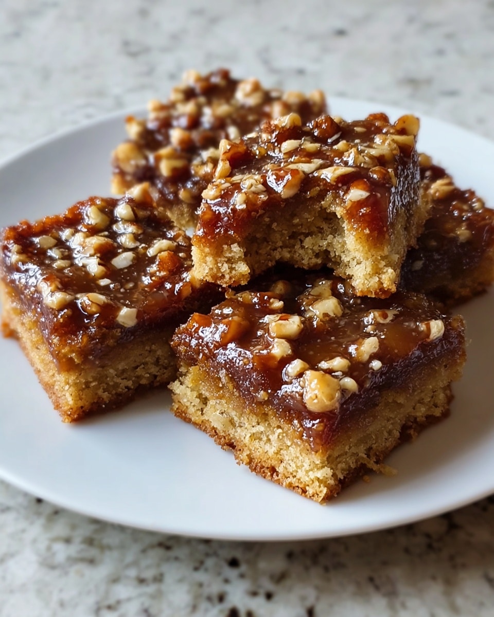 A white plate holds five square pieces of a dessert arranged close to each other. Each piece has two layers: the bottom layer is a light golden-brown, slightly crumbly cake with a rough texture, and the top layer is a sticky, glossy brown glaze studded with small pieces of nuts, giving it a crunchy look. The top layer appears thick and shiny, with the nuts unevenly spread across the surface. One piece at the back is partially eaten, showing the soft inside of the cake layer. The plate sits on a white marbled textured surface. photo taken with an iphone --ar 4:5 --v 7