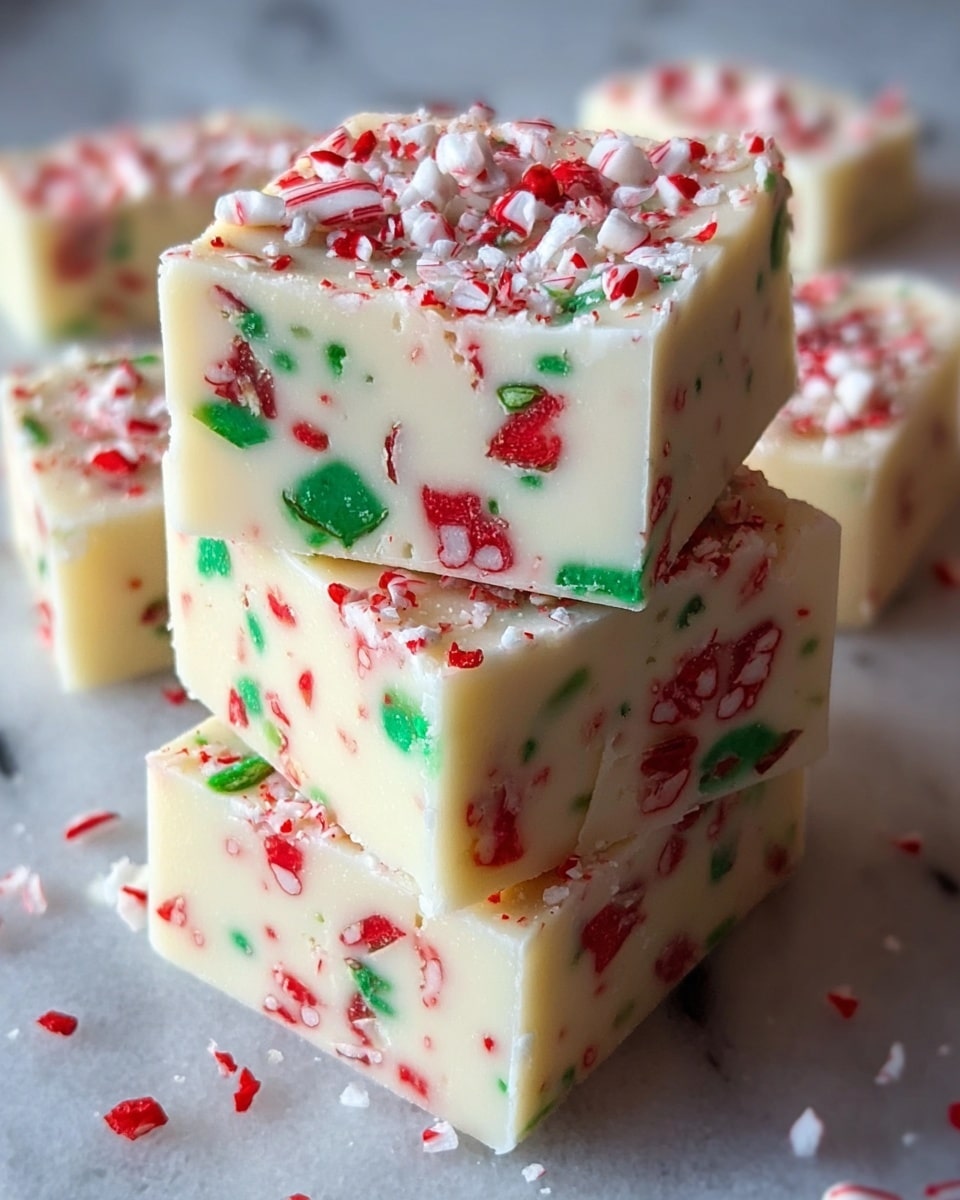 The image shows a stack of four square pieces of white fudge on a white marbled surface. Each frosting-thick piece is filled with small chopped bits of red and green candy, spread evenly inside. The fudge itself is smooth and creamy, with the candy pieces adding a pop of bright colors and a slightly rough texture. The top of the stack is sprinkled with crushed peppermint candies, creating a festive look with tiny red and white fragments. The white fudge contrasts nicely with the colorful candy bits inside. photo taken with an iphone --ar 4:5 --v 7