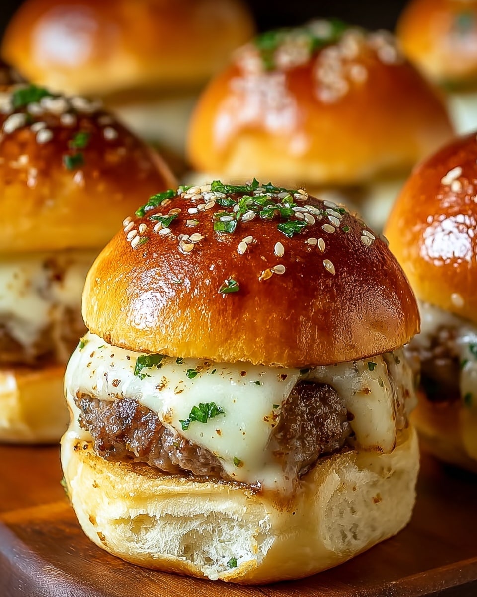 A close-up view of a small cheeseburger slider with three visible layers: the top layer is a shiny golden brown bun sprinkled with sesame seeds and chopped green herbs, the middle layer is a juicy grilled beef patty covered with melted white cheese that drapes over the sides, and the bottom layer is a soft, light golden brown bun. The slider is set on a wooden surface with several similar sliders blurred in the background, all showing the same shiny buns and melted cheese. photo taken with an iphone --ar 4:5 --v 7