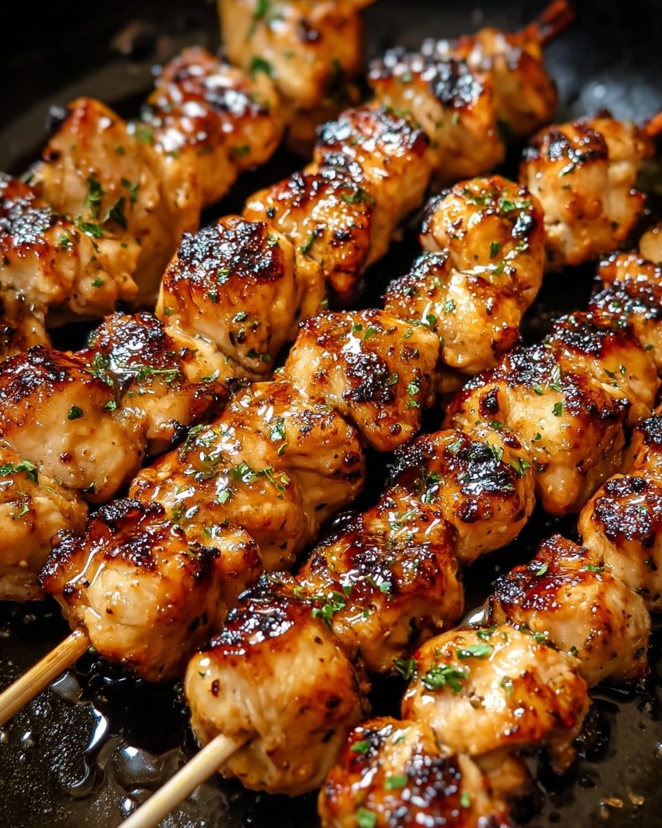 The image shows several skewers of grilled chicken pieces arranged close together. Each skewer holds about five to six chunks of juicy, golden-brown chicken with clear grill marks and a slightly charred surface, giving a textured look. The chicken is coated with a glossy sauce that reflects light and has small bits of green herbs sprinkled all over, adding spots of color. The skewers are placed on a black cooking pan with some oil and seasoning visible around them. The focus is tight, capturing the texture and shine of the cooked chicken in detail. Photo taken with an iphone --ar 4:5 --v 7