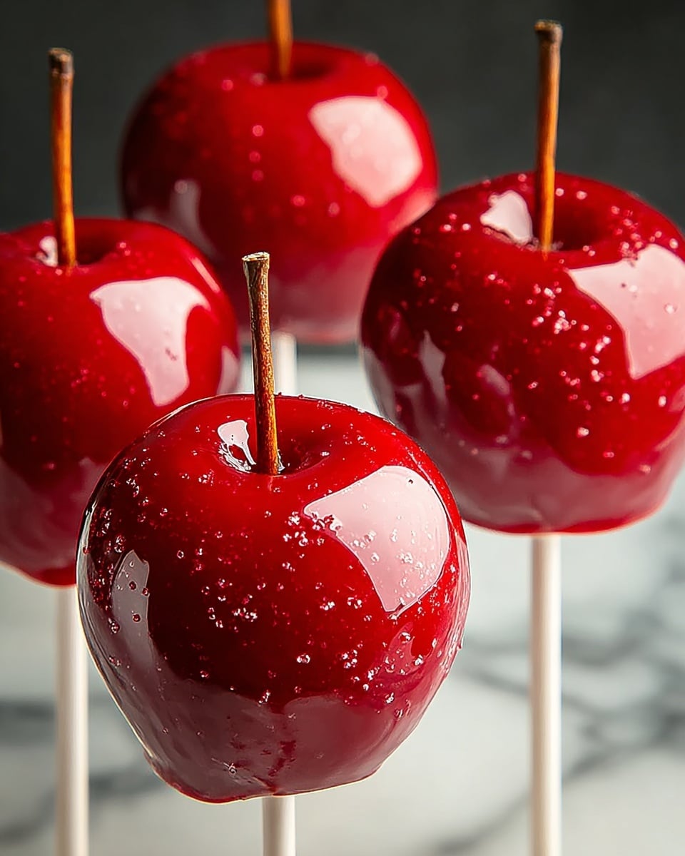 Four red candy apples on white sticks, each coated in a smooth, shiny layer of bright red candy that glistens with small sugar crystals. The apples have their natural brown stems sticking out from the top. The shiny candy coating is thick and glossy, making the apples look round and perfect. They are standing upright on a white marbled surface with soft lighting reflecting cleanly on each candy-coated apple. photo taken with an iphone --ar 4:5 --v 7