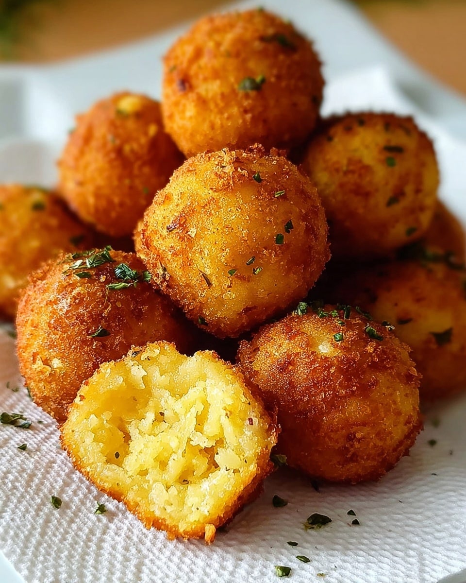 A close-up of a pile of golden brown fried balls with a crispy texture and small green herb bits on the surface. One ball is cut in half, showing a soft, light yellow inside with a slightly grainy texture. They rest on a white paper towel on a white plate, placed on a white marbled surface. Photo taken with an iphone --ar 4:5 --v 7