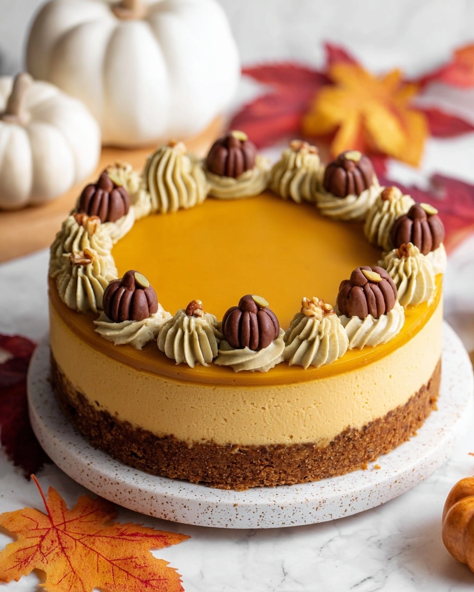 A round pumpkin-colored cheesecake with three visible layers: a crumbly brown base, a thick smooth yellow-orange middle layer, and a glossy lighter orange top layer. Around the edge of the top are pale beige swirls of cream and small dark brown pumpkin-shaped decorations, each topped with a small pecan piece. The cheesecake is placed on a white plate with a speckled design, set on a white marbled surface scattered with colorful autumn leaves and small white pumpkins. Photo taken with an iphone --ar 4:5 --v 7