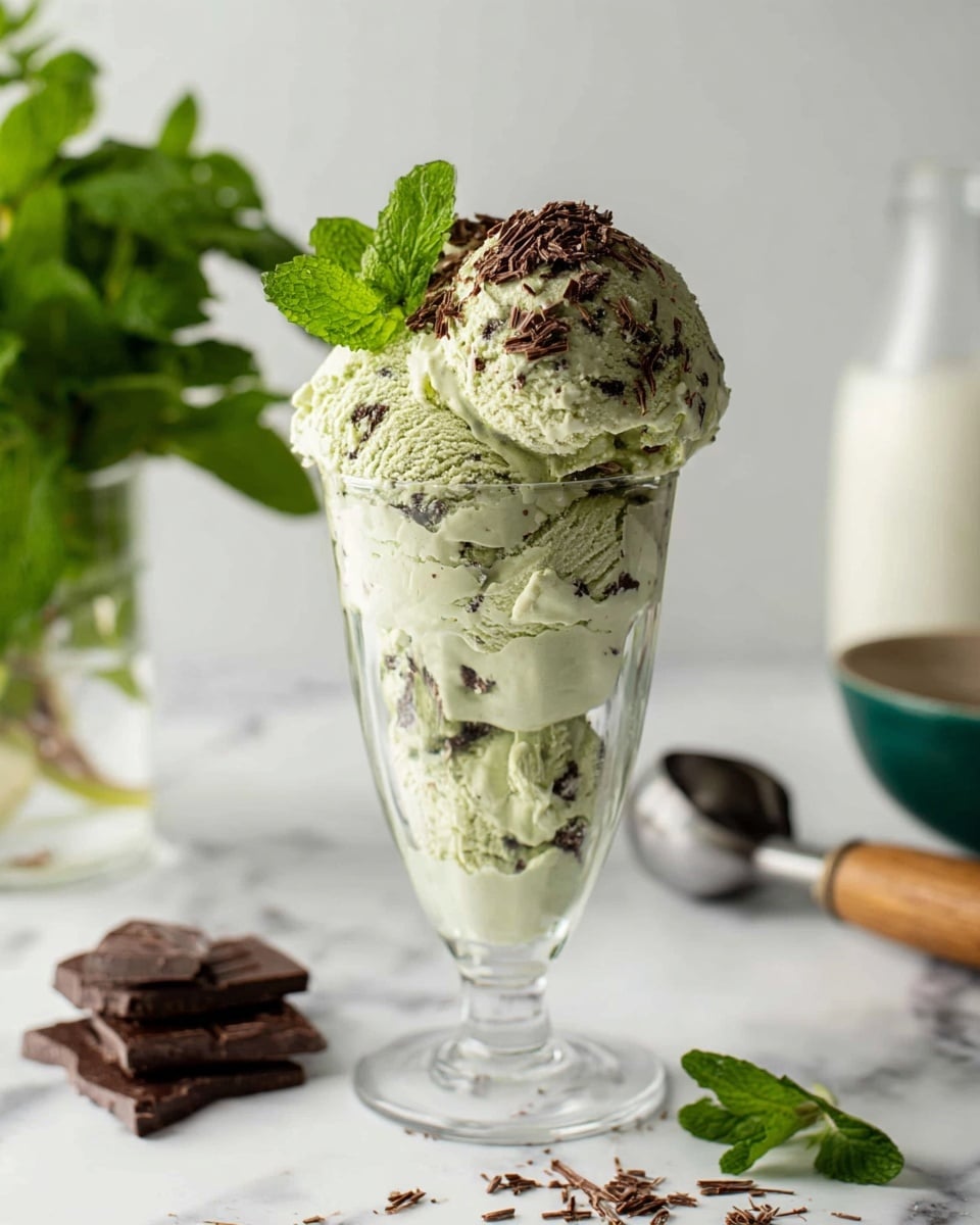 A tall clear glass filled with three large scoops of pale green ice cream speckled with small dark chocolate bits, topped with thin dark chocolate shavings and two fresh green mint leaves placed on top and to the side. The ice cream scoops have a creamy texture, and some melting is visible near the edges. Around the glass, there are scattered pieces of dark chocolate and fresh mint leaves on a white marbled surface. In the background, a clear vase with fresh mint leaves, a vintage ice cream scoop with a wooden handle, a white bottle of milk, and a green bowl are visible but softly blurred. Photo taken with an iphone --ar 4:5 --v 7