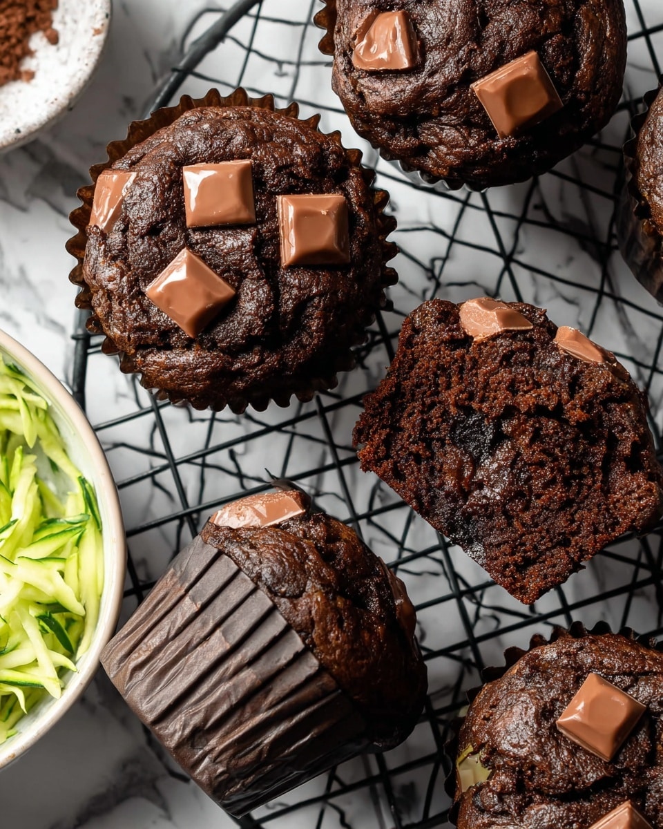 The image shows five dark chocolate muffins with a rough, cracked texture, each topped with several large, shiny milk chocolate chunks that slightly melt into the muffin tops. Three muffins are fully intact, while one is cut in half to reveal a moist, dense inside studded with melted chocolate pieces. Two muffins are wrapped in dark brown paper liners, and all are placed on a black wire cooling rack over a white marbled surface. At the bottom left corner, part of a white bowl filled with finely shredded green zucchini is visible. photo taken with an iphone --ar 4:5 --v 7