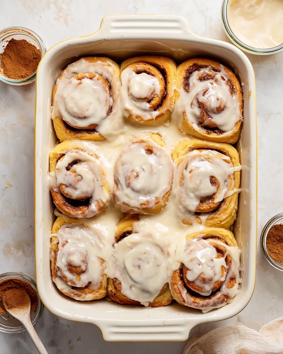 A white rectangular baking dish contains nine soft cinnamon rolls arranged in three rows of three. Each roll is golden brown with a visible spiral of cinnamon filling and is covered with thick, creamy white icing that drips down the sides. The rolls look fluffy and moist, with some icing pooling in the spaces between them. The dish is placed on a white marbled surface, surrounded by small bowls with brown cinnamon powder and jars of creamy icing visible at the edges of the image. photo taken with an iphone --ar 4:5 --v 7