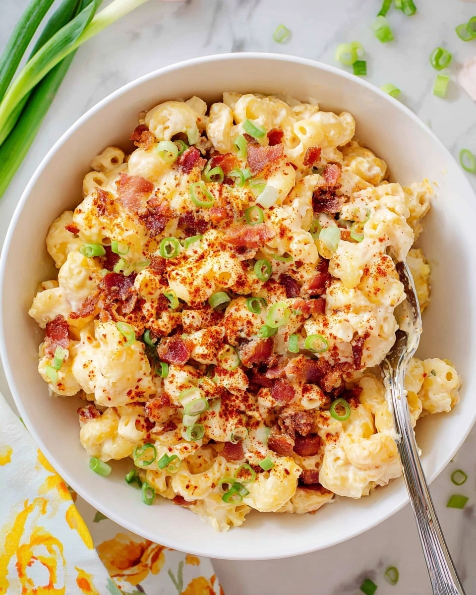 A white bowl filled with creamy macaroni and cheese mixed with small pasta pieces, topped with crispy reddish-brown bacon bits and sprinkled green onion slices, and finished with a light dusting of reddish paprika powder, a silver spoon holding a scoop of the dish is held above the bowl showing the layered textures of soft pasta, creamy cheese sauce, crunchy bacon, and fresh green onions; the bowl is set on a white marbled surface with scattered green onion pieces and a yellow and white flower cloth nearby. photo taken with an iphone --ar 4:5 --v 7
