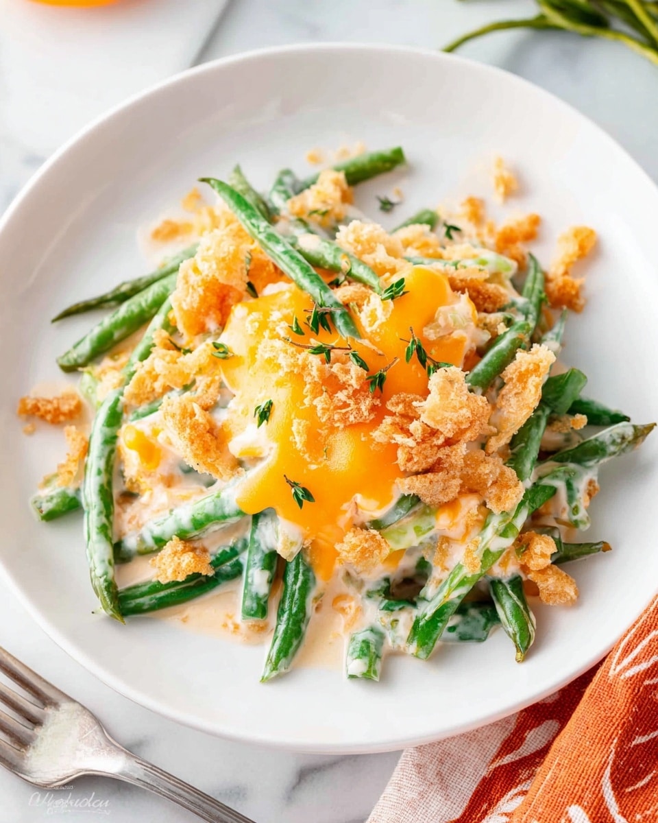 A close-up of a white casserole dish filled with a baked creamy casserole. The top layer is golden and crunchy with lots of crumbled chips or crackers. Underneath, there is a creamy white sauce mixed with green beans and chunks of other vegetables coated in melted cheese. A spoon is lifting a portion from the dish, showing the gooey texture and the crunchy topping breaking apart. The dish sits on a white marbled surface with some green herbs blurred in the background. photo taken with an iphone --ar 4:5 --v 7