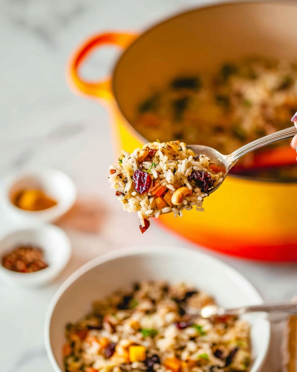 A close-up image shows a silver spoon full of a colorful rice dish held by a woman's hand on the left side. The rice mixture has visible small pieces of nuts, orange carrot bits, dark red dried fruits, and green herbs all mixed together. Below the spoon is a white bowl filled with the same rice dish, showing a mix of white and light brown grains with the colorful ingredients spread throughout. In the background, a large yellow cooking pot with an orange handle is slightly out of focus on a white marbled surface, with two small white bowls containing different spices placed further behind. photo taken with an iphone --ar 4:5 --v 7