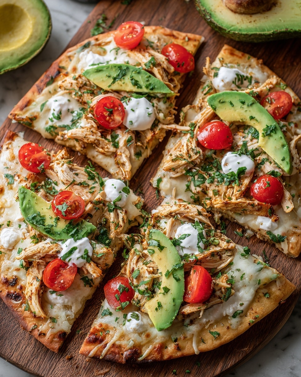 A round flatbread cut into four slices is topped with a base layer of white melted cheese, followed by shredded grilled chicken with a golden brown tint spread evenly. Slices of bright green avocado are placed on top, along with halved red cherry tomatoes that add a fresh pop of color. Small dollops of white sour cream are scattered across the flatbread. The whole dish is sprinkled with finely chopped green herbs, adding texture and a vibrant look. The flatbread rests on a wooden board, with part of an avocado visible on the side, all set on a white marbled texture photo taken with an iphone --ar 4:5 --v 7