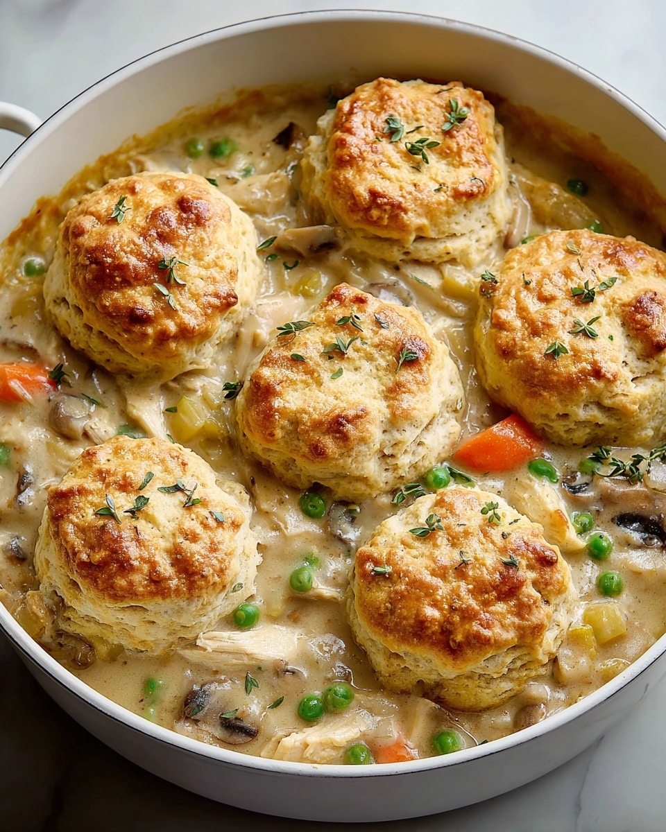 A white round deep dish holds a creamy chicken and vegetable casserole topped with five large golden brown biscuits. The biscuits have a crumbly and slightly crispy texture on top, with small green herb leaves sprinkled around and on them. Below the biscuits, the creamy filling shows chunks of white chicken, orange carrot pieces, bright green peas, and bits of darker mushrooms, all immersed in a thick light beige sauce. The dish has a warm, hearty look with a rustic and homely feel, set against a white marbled surface. Photo taken with an iphone --ar 4:5 --v 7