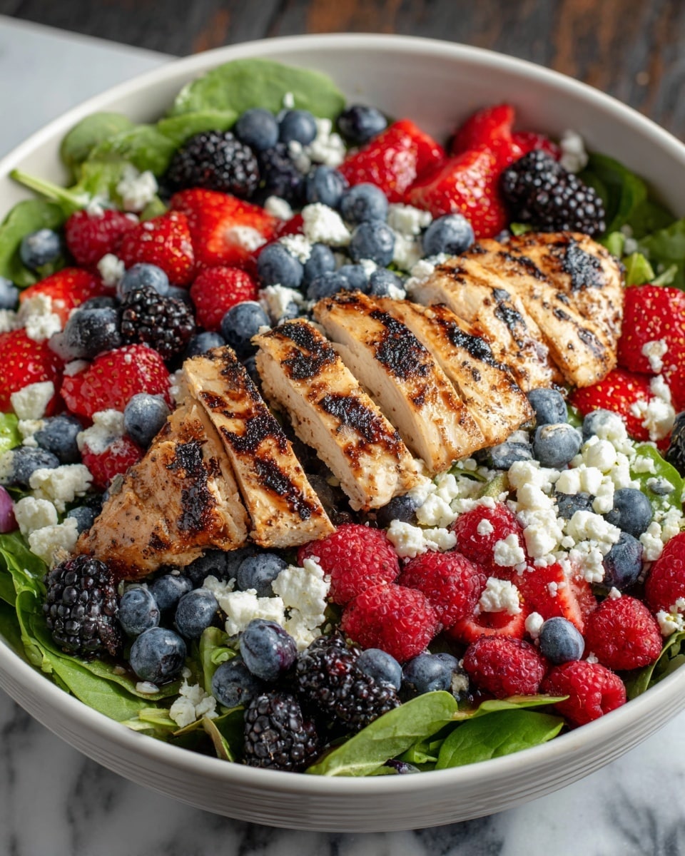 A white bowl filled with a colorful salad on a white marbled surface holds a base layer of fresh green leaves, topped with scattered slices of red strawberries, blackberries, blueberries, and raspberries. Crumbled white cheese is spread evenly over the fruit and greens. The top layer features several pieces of grilled chicken breast with clear charred grill marks, cut into strips and placed neatly in the center of the bowl. photo taken with an iphone --ar 4:5 --v 7
