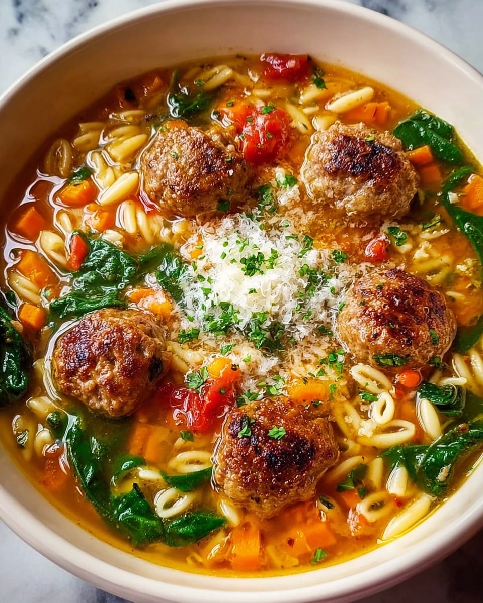 A white bowl filled with a clear orange broth that holds small pasta pieces, orange carrot cubes, green spinach leaves, and red tomato chunks. Four browned meatballs sit on top, each with a slightly crispy texture. A small pile of grated white cheese is placed in the center, sprinkled with chopped green herbs. The bowl is set on a white marbled surface. Photo taken with an iphone --ar 4:5 --v 7